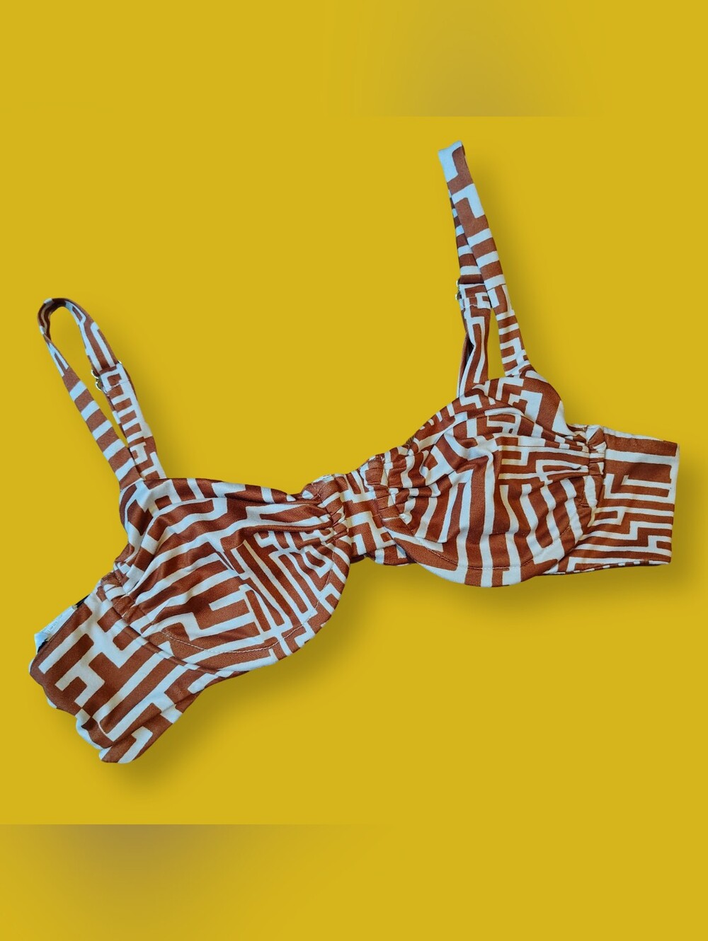 Resa Geometric Print Bikini Top Brown White Medium Swim Made In USA Top Only